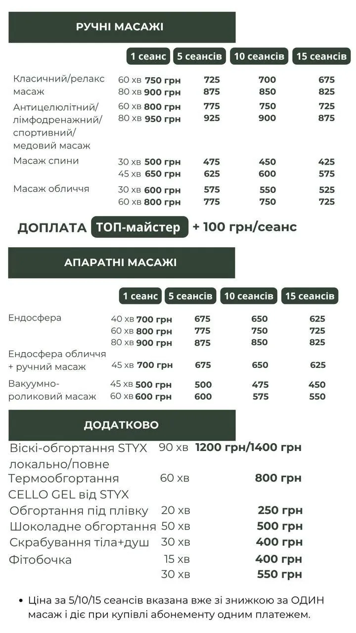 Ціни на масаж в Полтаві на Леваді в студії ТАМРІ